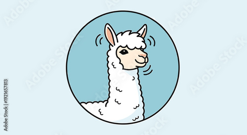 Cute happy white alpaca character head in blue circle