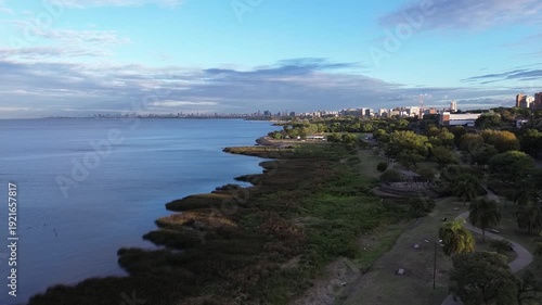 Aerial view of Costanera Martínez, Buenos Aires Province, Argentina. Drone shot of Rio de Plata.
