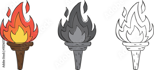 Hand Drawn Flaming Torch Illustrations, Burning Fire and Victory Symbols Isolated on White