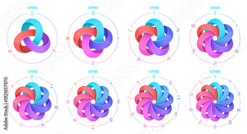 Circular diagram template with 3-10 options, infographic vector illustrations set.