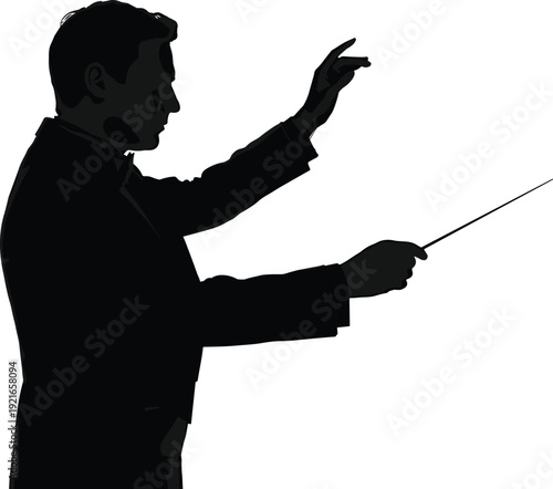Black silhouette of male music conductor holding baton and directing orchestra during classical performance, isolated flat vector illustration for arts.