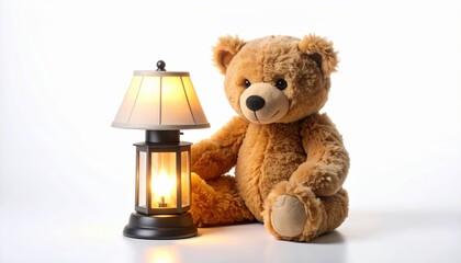 Cute teddy bear sits beside lamp cozy night scene adorable stuffed toy enjoys soft glow of lamp peaceful ambiance