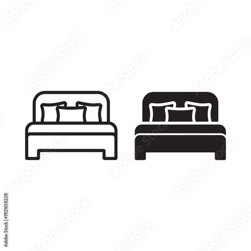 Two simple bed icons one outlined one filled in black and white
