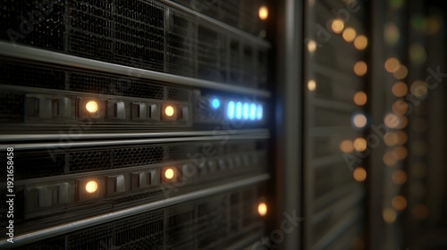 Wallpaper Mural Close up view of glowing server racks with blue and orange indicator lights in a data center Torontodigital.ca