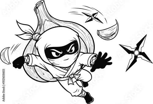 Cute ninja character throwing shuriken in dynamic action pose