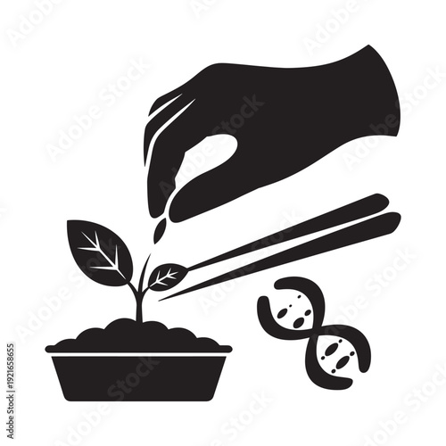 A hand carefully planting a small seedling with tweezers into soil