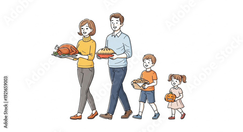 Family Walking Together with Food.