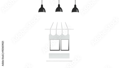Minimalist kiosk stall with empty display windows and overhead lamps