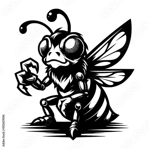 Intimidating Bee Illustration: A striking black and white illustration of a bee, showcasing a strong presence with its determined gaze and striking design.