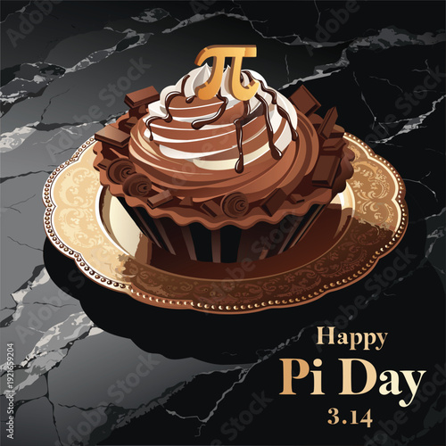 Gourmet chocolate cupcake on ornate golden saucer with golden pi symbol topper and cocoa bars on black marble background for pi day festival