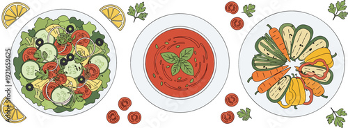 Healthy Vegan Food Illustration Featuring Fresh Garden Salad Tomato Soup and Roasted Vegetable Platter for Restaurant Menus Nutrition Apps and Wellness Content