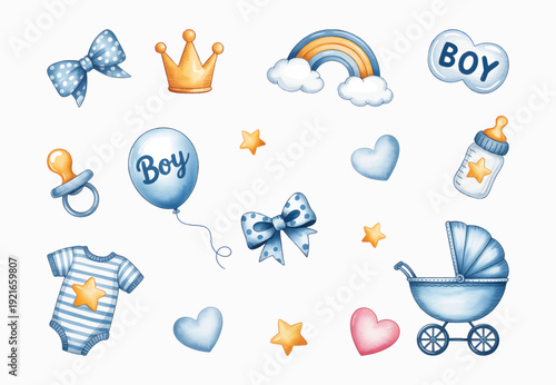 Baby boy birthday party elements watercolor art. Sweet baby shower invitation decor in soft watercolor.