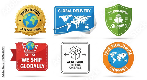 Collection of global shipping and delivery service icons and logos.