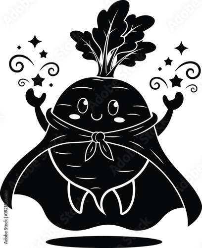 Magical turnip superhero in a dynamic pose with sparkling effects