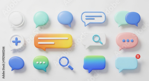 Collection of colorful speech bubbles and icons for communication.