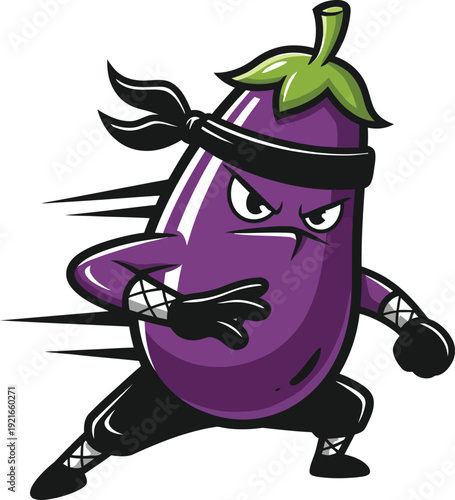 Ninja eggplant in dynamic fighting stance with black headband