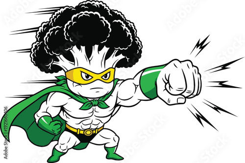 Powerful broccoli superhero character in dynamic pose
