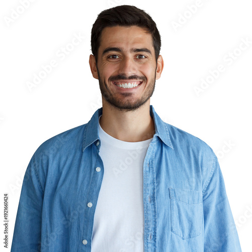 Young man in blue denim shirt giving a broad natural smile, casual portrait cutout photo