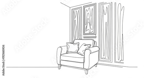 Sketch of a comfortable armchair with pillows in a room.