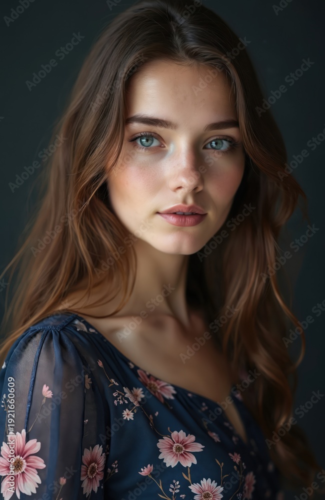 Fototapeta premium Young woman with long brown hair, blue eyes, floral dress. Close up portrait, studio shot, dark background. Calm expression, subtle smile, natural light.