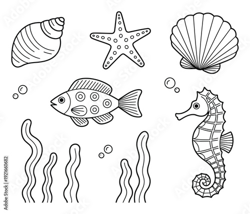 Cute Cartoon Ocean Life: Fish, Seahorse, Starfish, Shells, and Seaweed