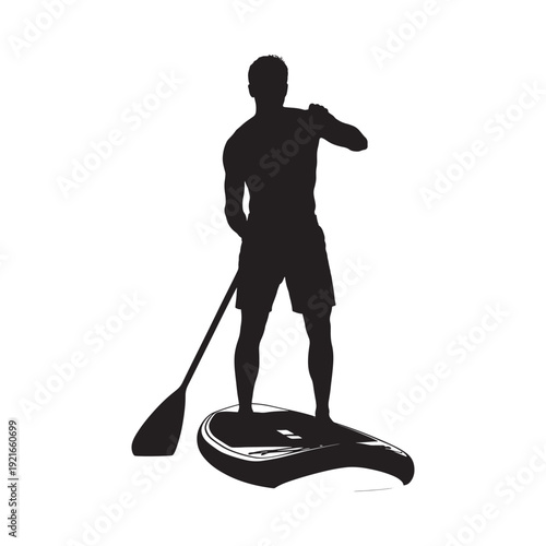 Silhouette of a person paddleboarding on calm water