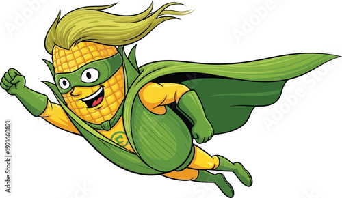 Superhero corn character flying heroically in sunshine