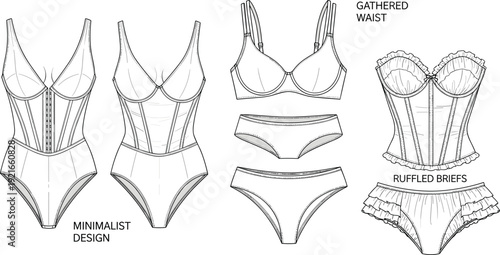 Technical fashion flat sketches of women lingerie set featuring minimalist bodysuit, bra and briefs, gathered waist corset and ruffled briefs in blue line art style