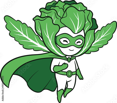 Superhero lettuce mascot flying with cape and green costume