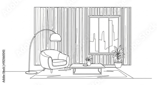 Interior design sketch of a cozy living room with armchair and coffee table.