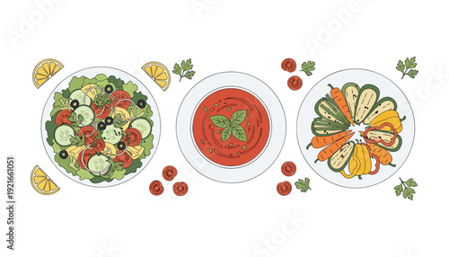 Healthy Vegan Food Illustration Featuring Fresh Garden Salad Tomato Soup and Roasted Vegetable Platter for Restaurant Menus Nutrition Apps and Wellness Content