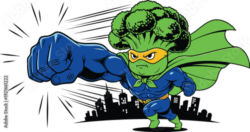 Vibrant superhero broccoli character with dynamic cityscape background