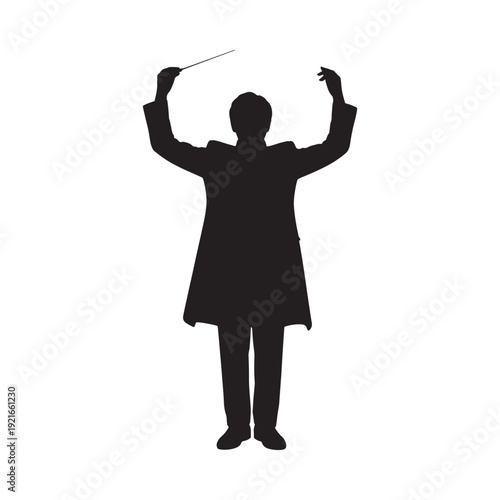 Silhouette of a conductor leading an orchestra with a baton raised