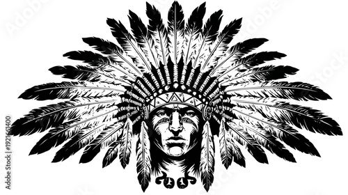 A detailed black and white illustration of a Native American chief wearing a feathered headdress
