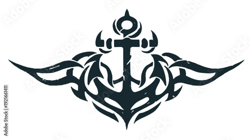 Stylized nautical emblem featuring an anchor, combined with tribal elements, on a white background