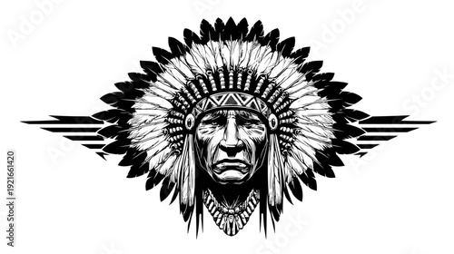 A black and white illustration of a Native American in a feathered headdress. The subject is centered