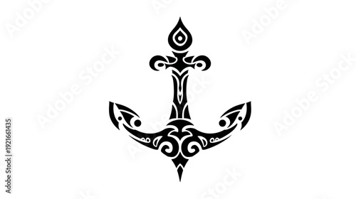 A black and white nautical anchor tattoo design on a white background with detailed patterns