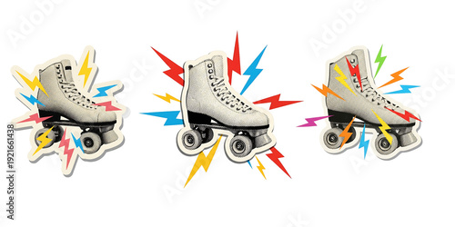 Vintage halftone roller skate sticker three angled views with colorful lightning bursts white transparent background close low angle side view energetic motion