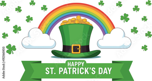 Saint Patrick Day illustration with green leprechaun hat shamrock clover pot of gold rainbow and lucky Irish symbols in festive holiday design