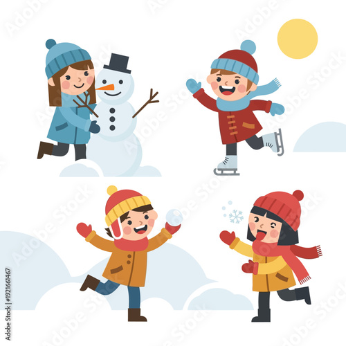 Children enjoying winter activities, building snowman, ice skating, snowball fight