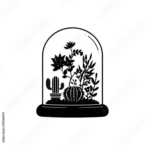 Black and white illustration of a plant terrarium containing a variety of small plants and cactus