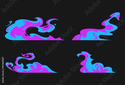 Stylized magic energy wave elements in cyan and purple. Ideal for fantasy game spells, neon lightning effects, and mystical power auras. Fluid motion shapes for creative visual projects