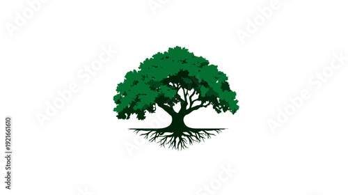 A graphic image featuring a large tree with extensive roots and lush green foliage