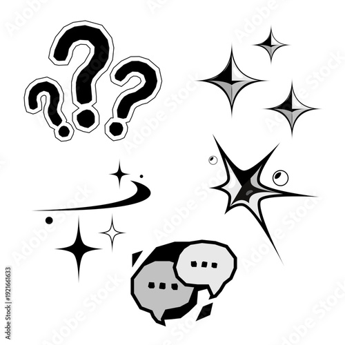 Hand-drawn doodle symbols set featuring question marks, sparkling stars, and speech bubbles. Versatile black and white icons for communication, thinking, and decorative comic elements