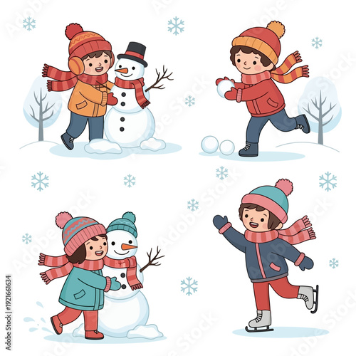 Children playing in snow: making snowman, snowball fight, ice skating