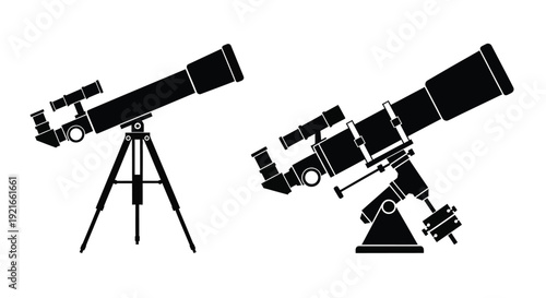 Black and white illustration of two refracting telescopes on stands