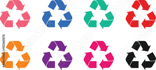 Colorful recycling symbols arranged in a grid on a white background