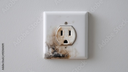 Burnt electrical outlet on white wall showing fire hazard damage.