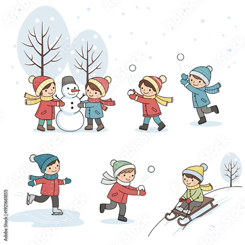 Children playing in snow, building snowman, snowball fight, ice skating, sledding