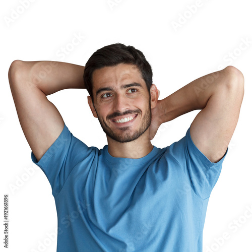 Happy young man in blue t-shirt with hands behind head looking upward, relaxed expression